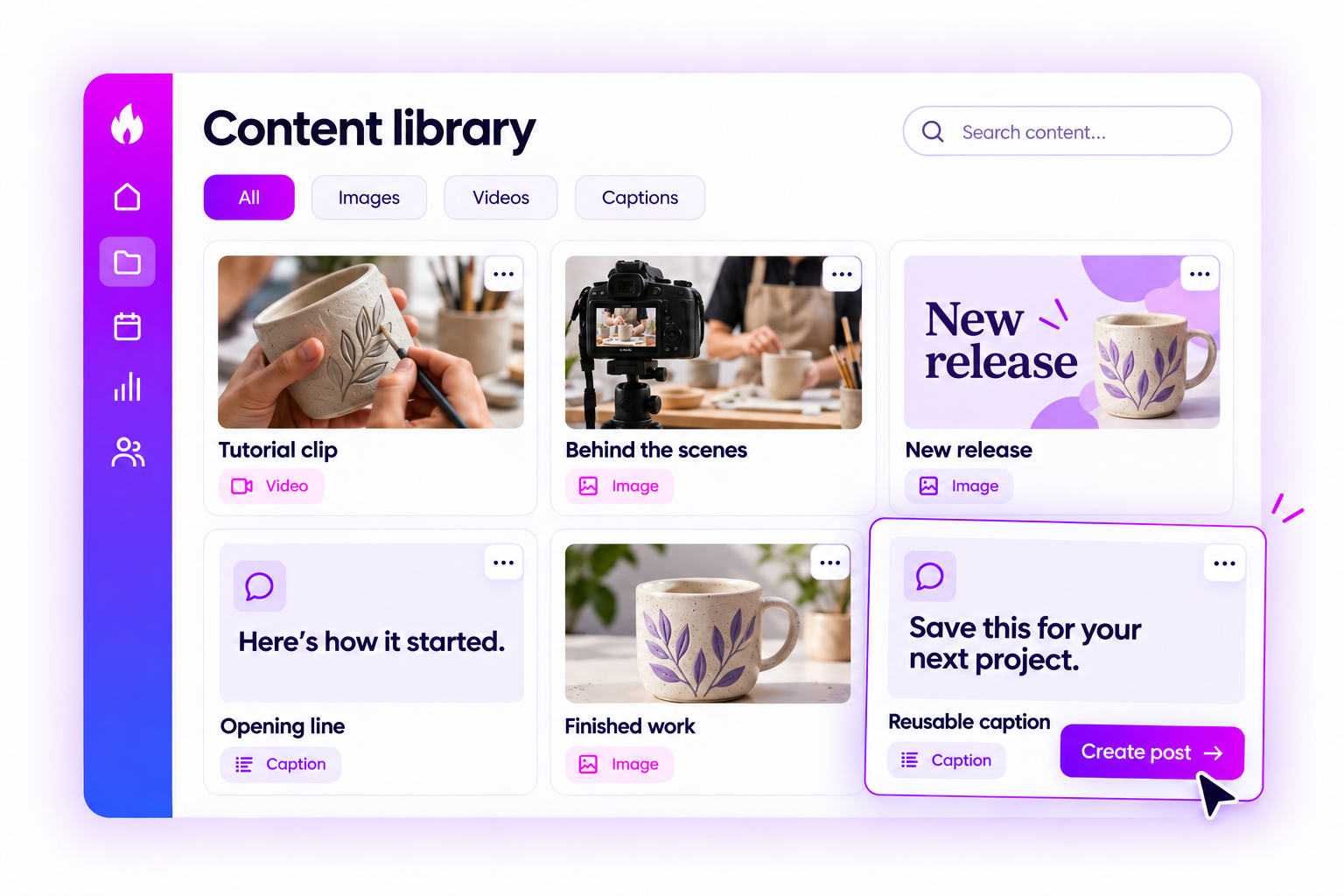 Illustrative creators content library with saved campaign media and reusable captions