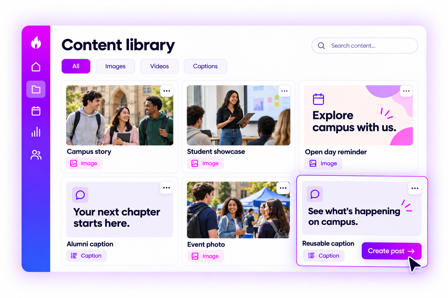 Illustrative higher education content library with saved campaign media and reusable captions