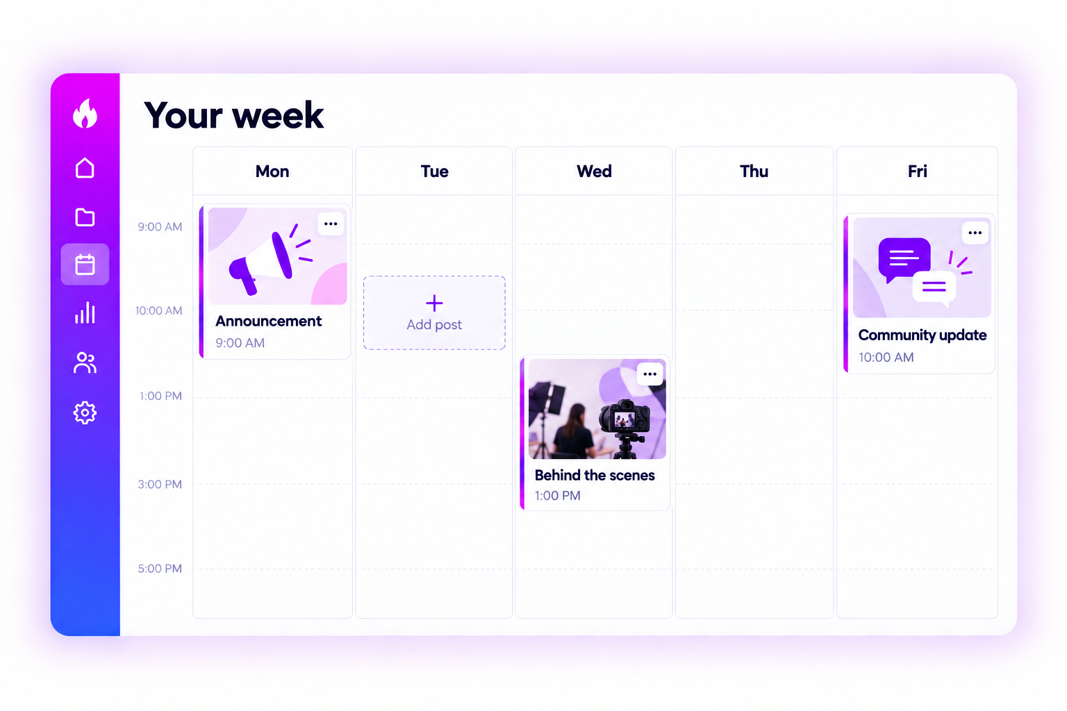 Illustrative weekly content calendar with three planned social posts