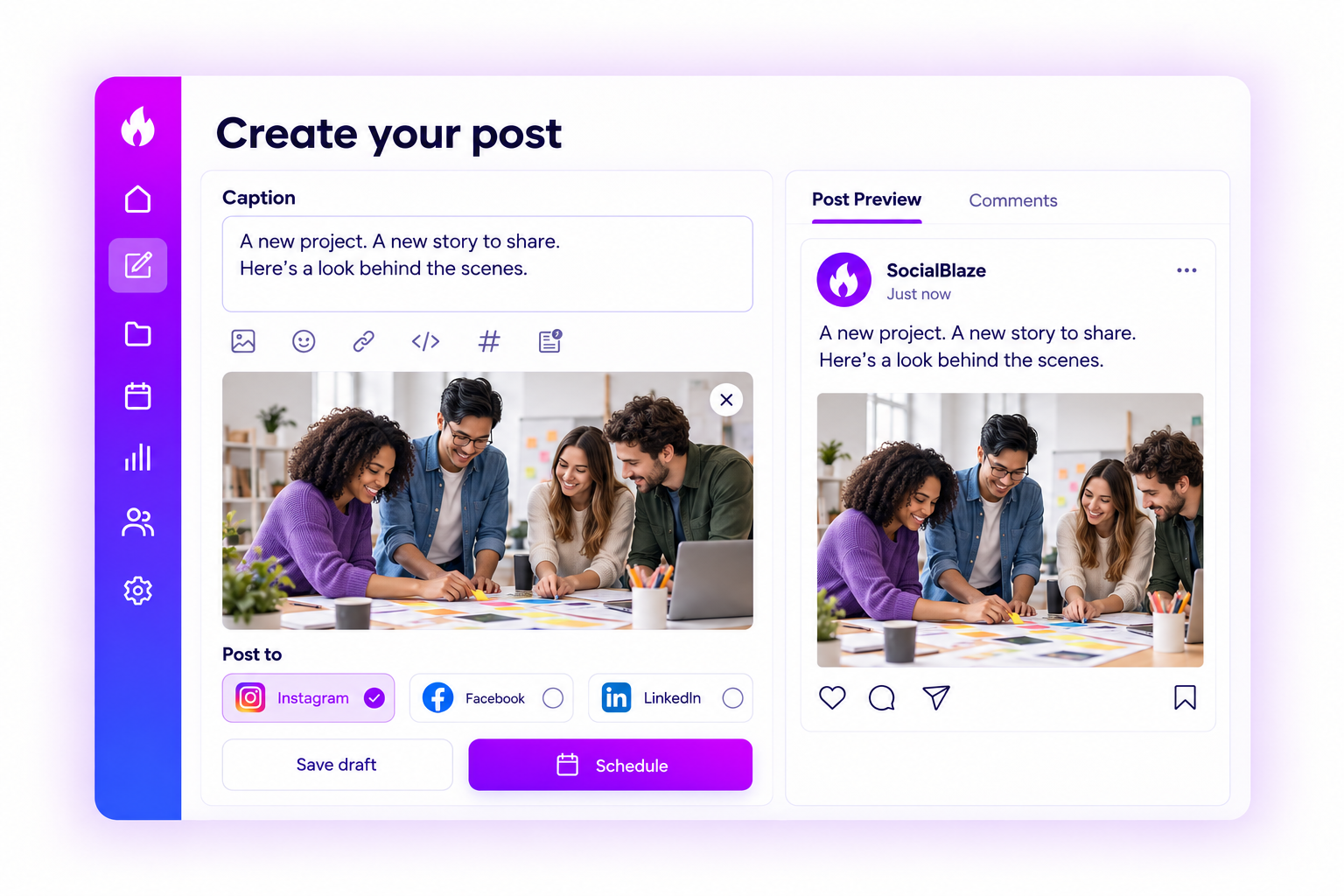 Illustrative SocialBlaze post composer with caption, channel selection and preview