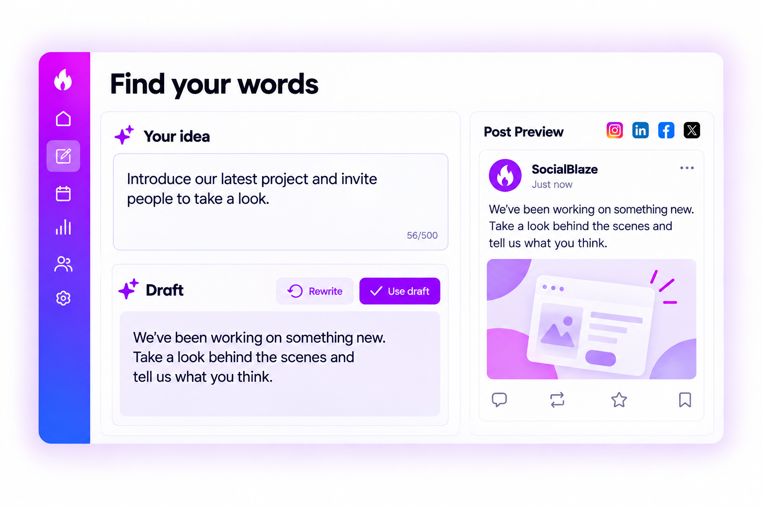 Illustrative AI-assisted caption draft with rewrite and review controls
