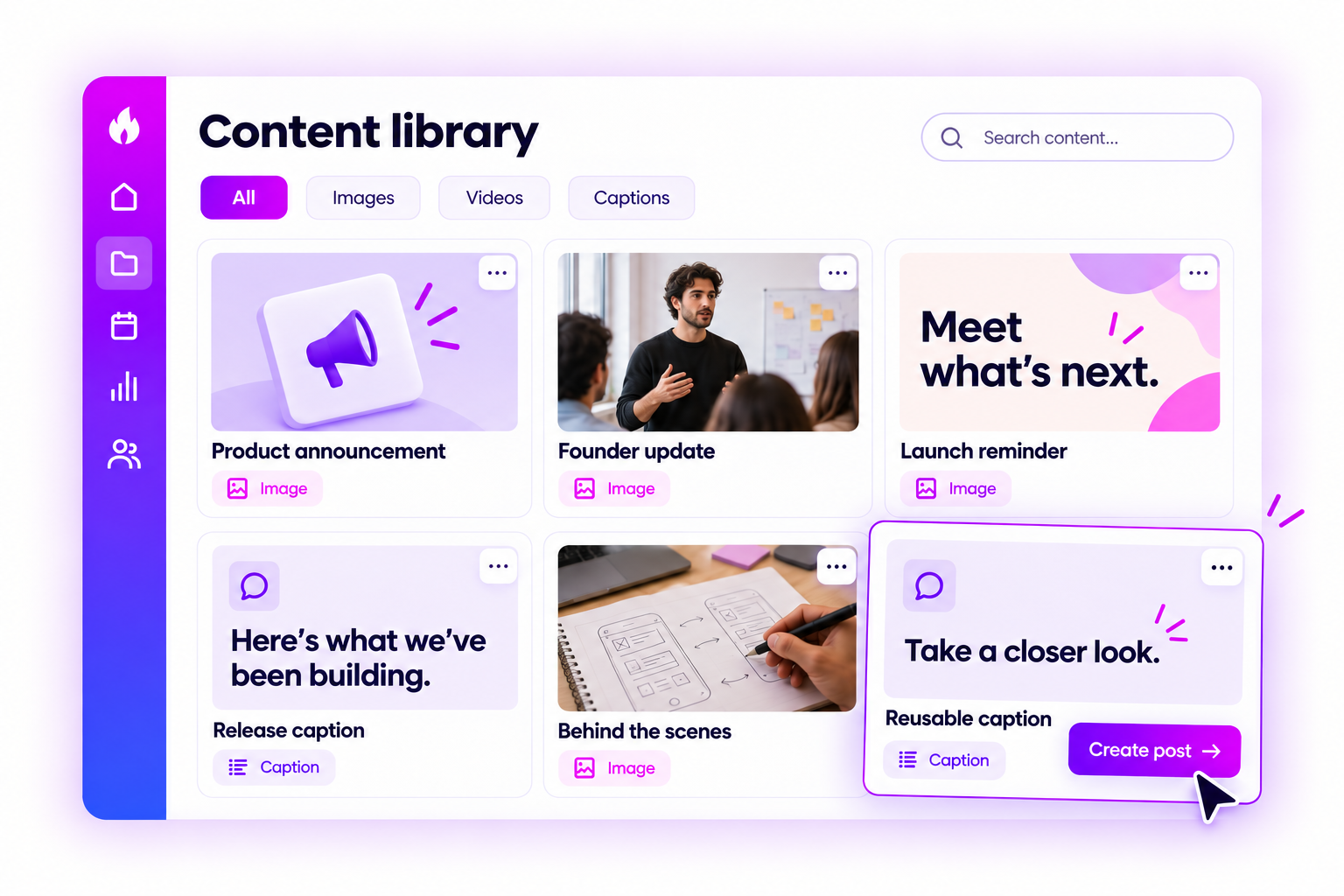 Illustrative startups content library with saved campaign media and reusable captions