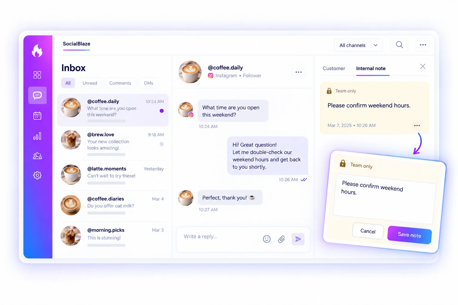 Keep team notes out of the customer’s conversation.