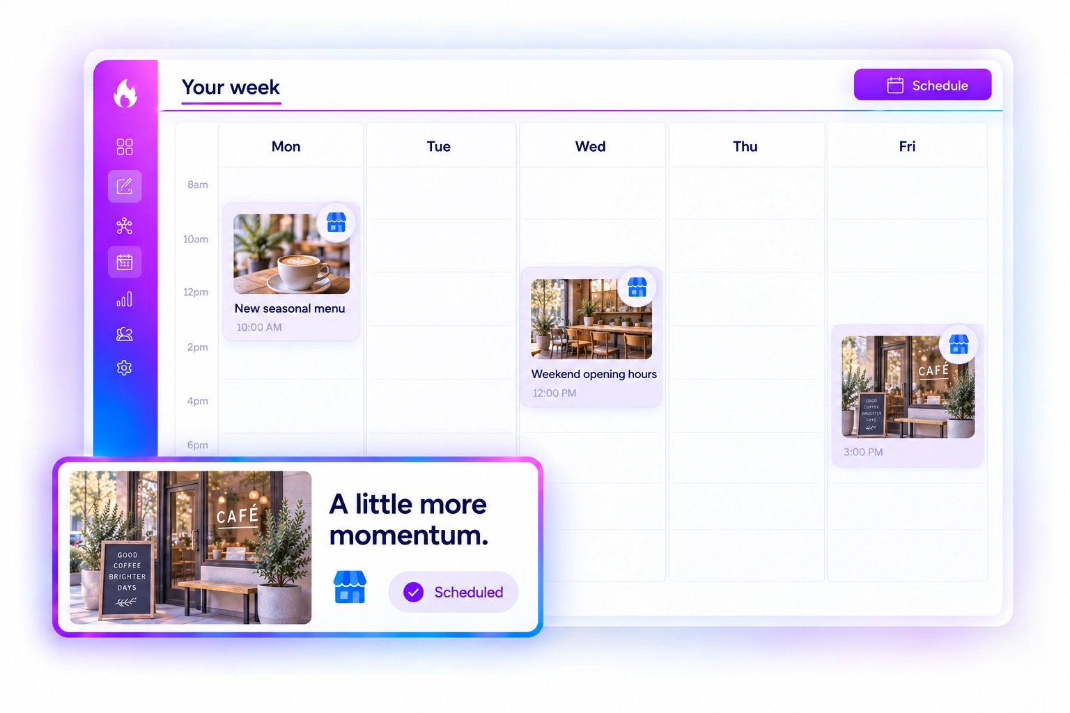 SocialBlaze weekly calendar showing queued Google Business Profile updates