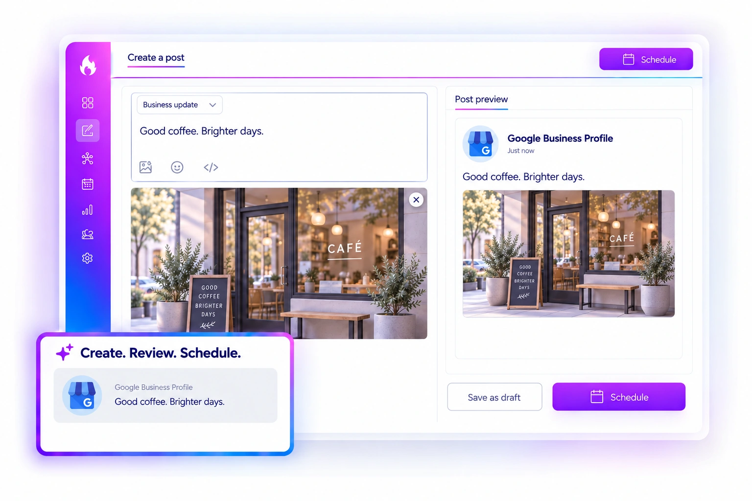 Google Business Profile composer with business update, media upload and post preview