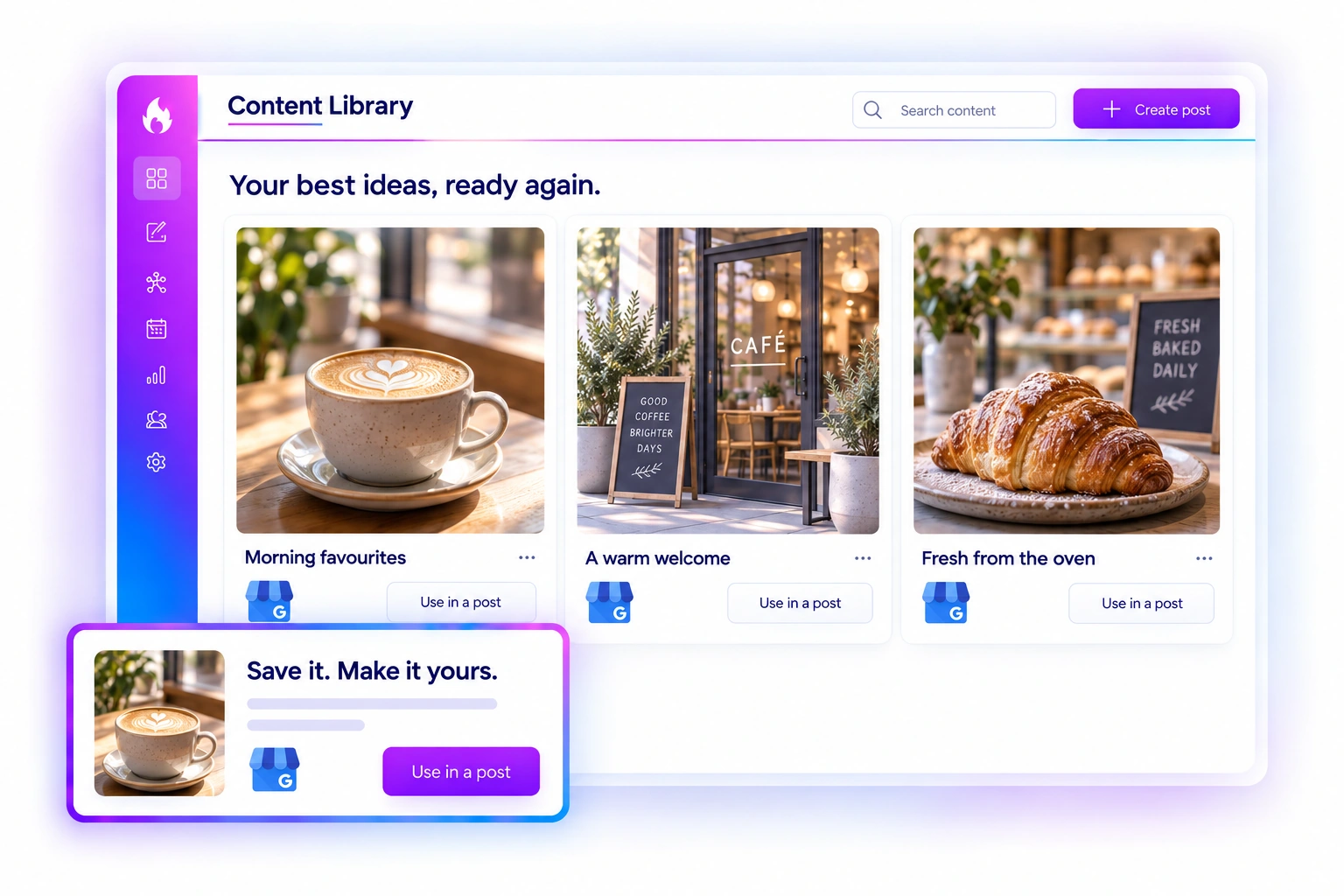 SocialBlaze Content Library with saved sample posts and reuse controls