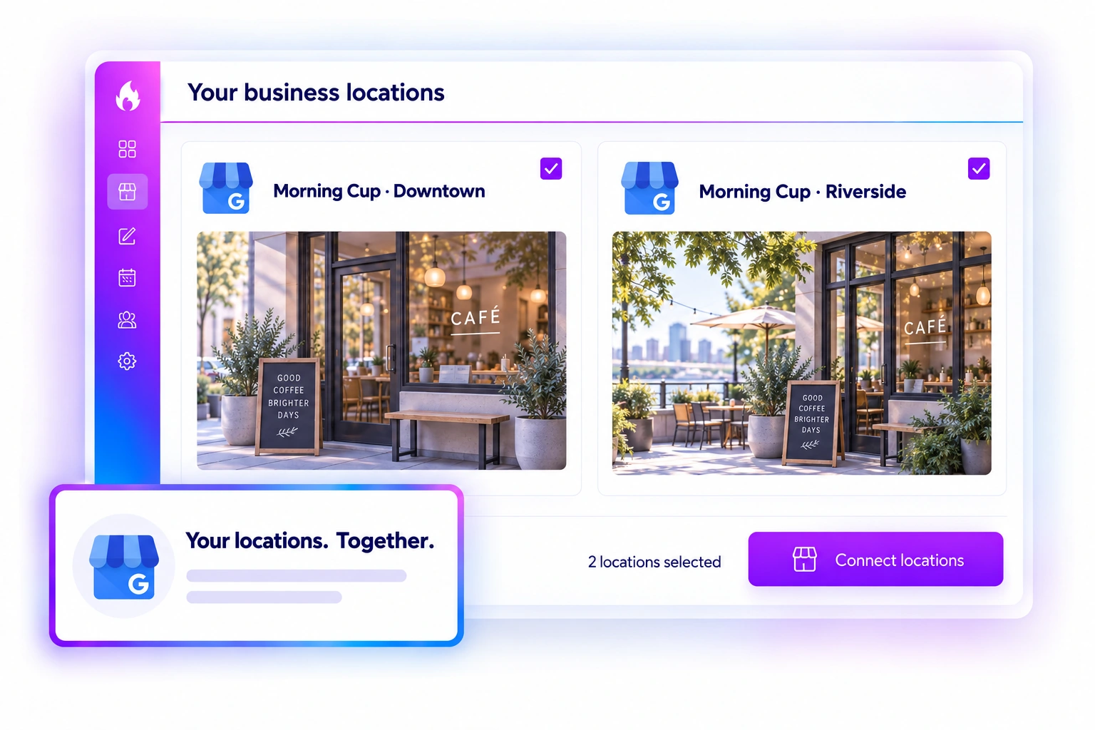 Google Business Profile location selection with two sample locations selected