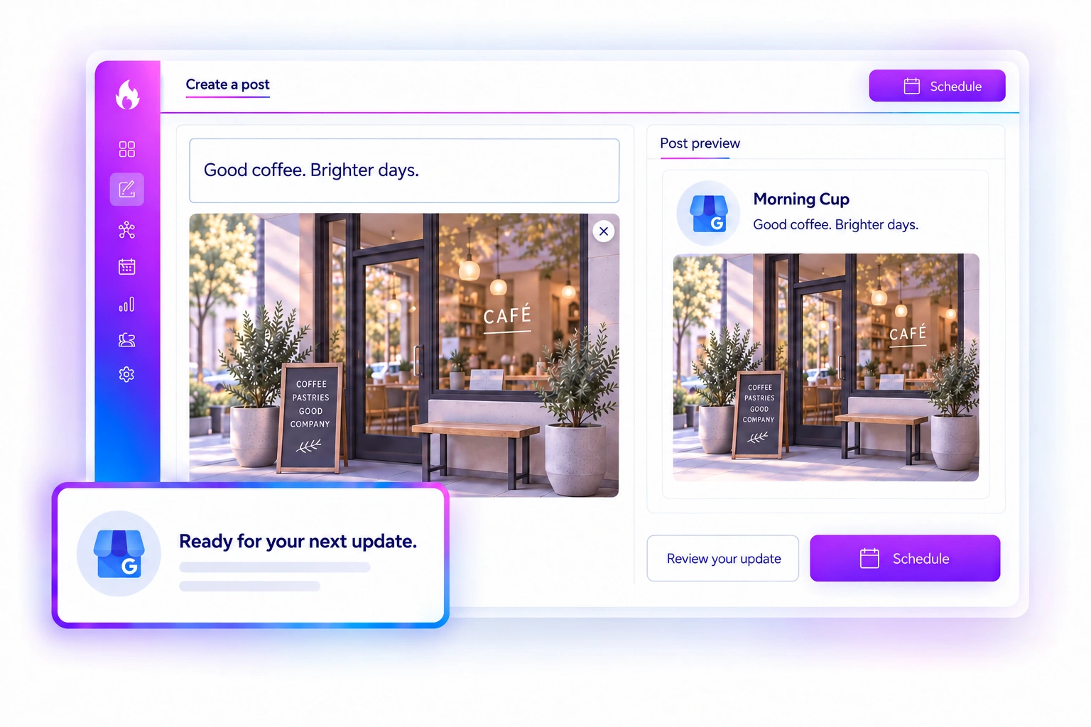 Illustrated Google Business Profile update preview with cafe imagery
