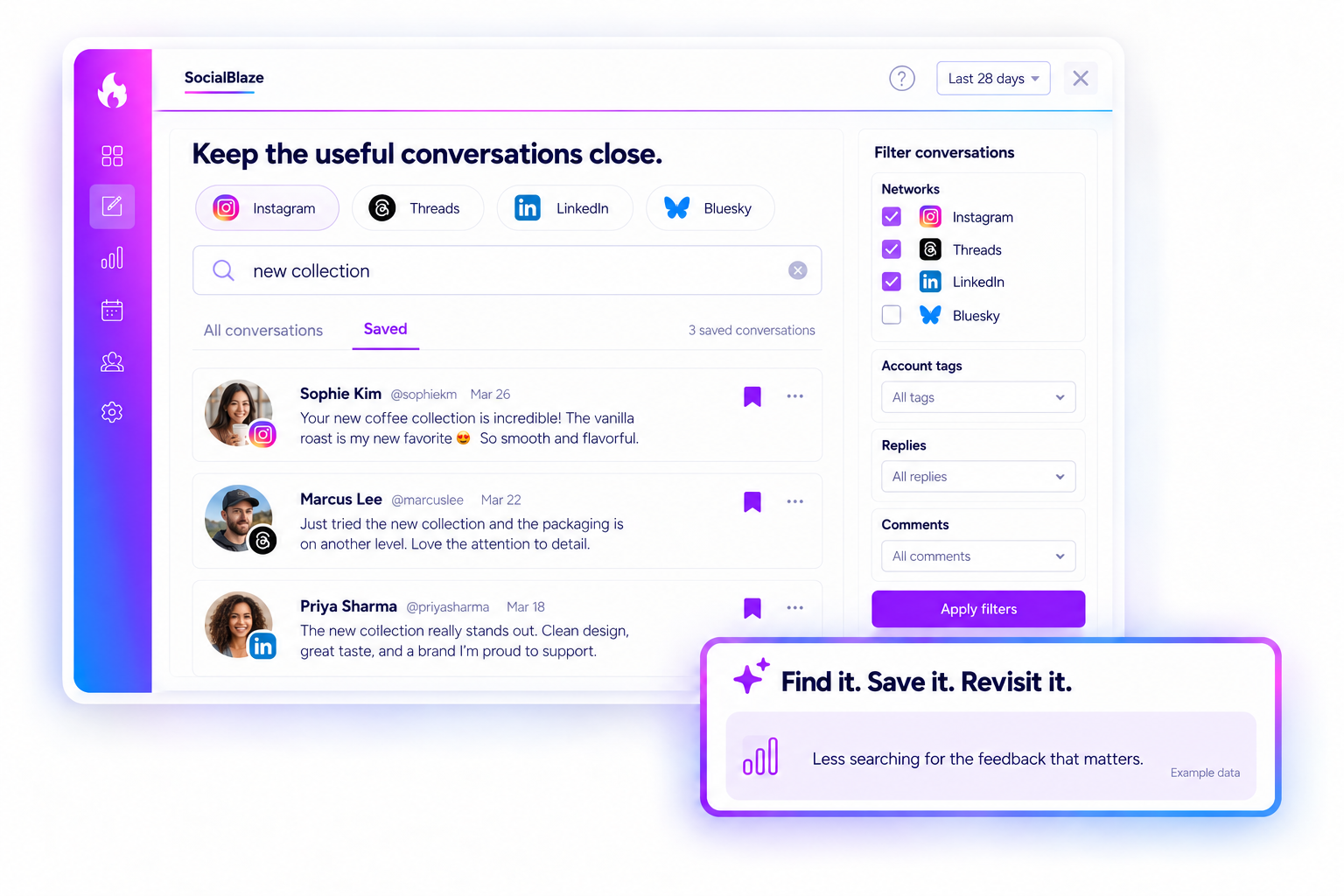 Illustrated conversation search, network filters, and saved items