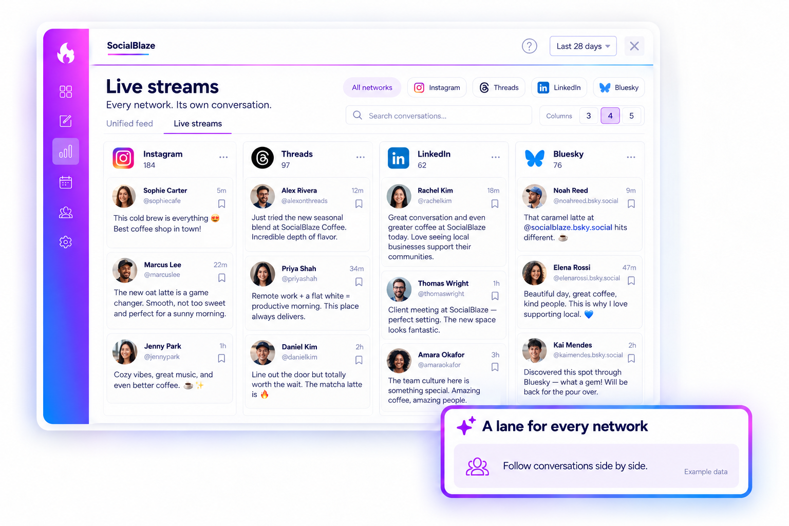 Illustrated live streams with side-by-side network lanes