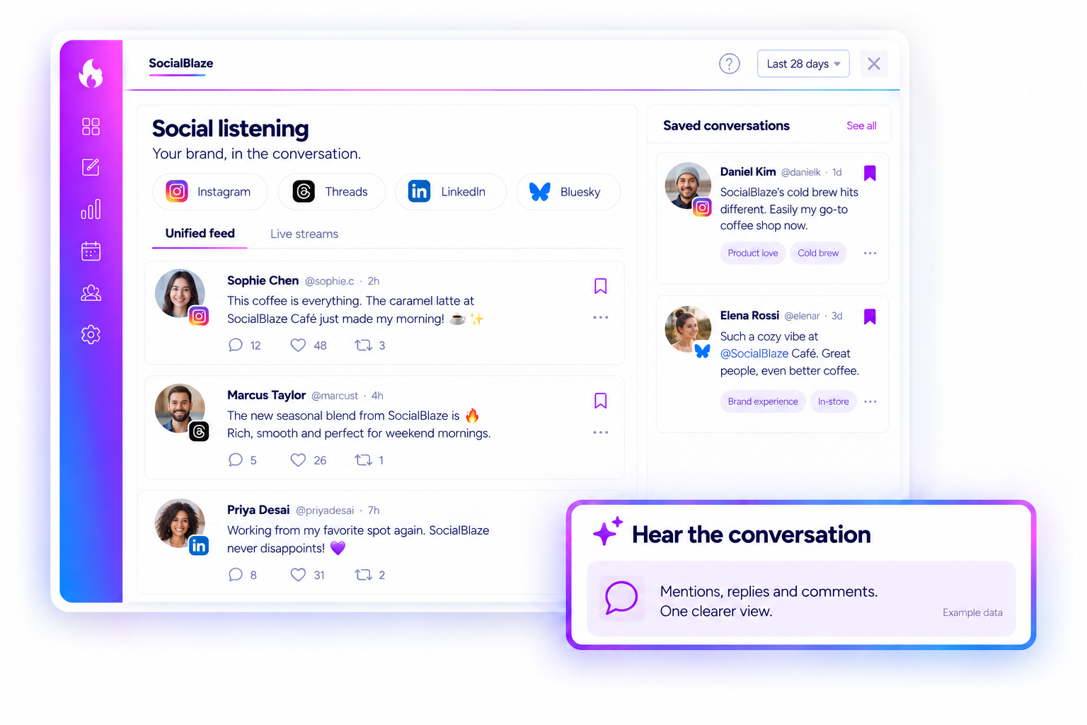 Illustrated SocialBlaze unified conversation feed with saved conversations