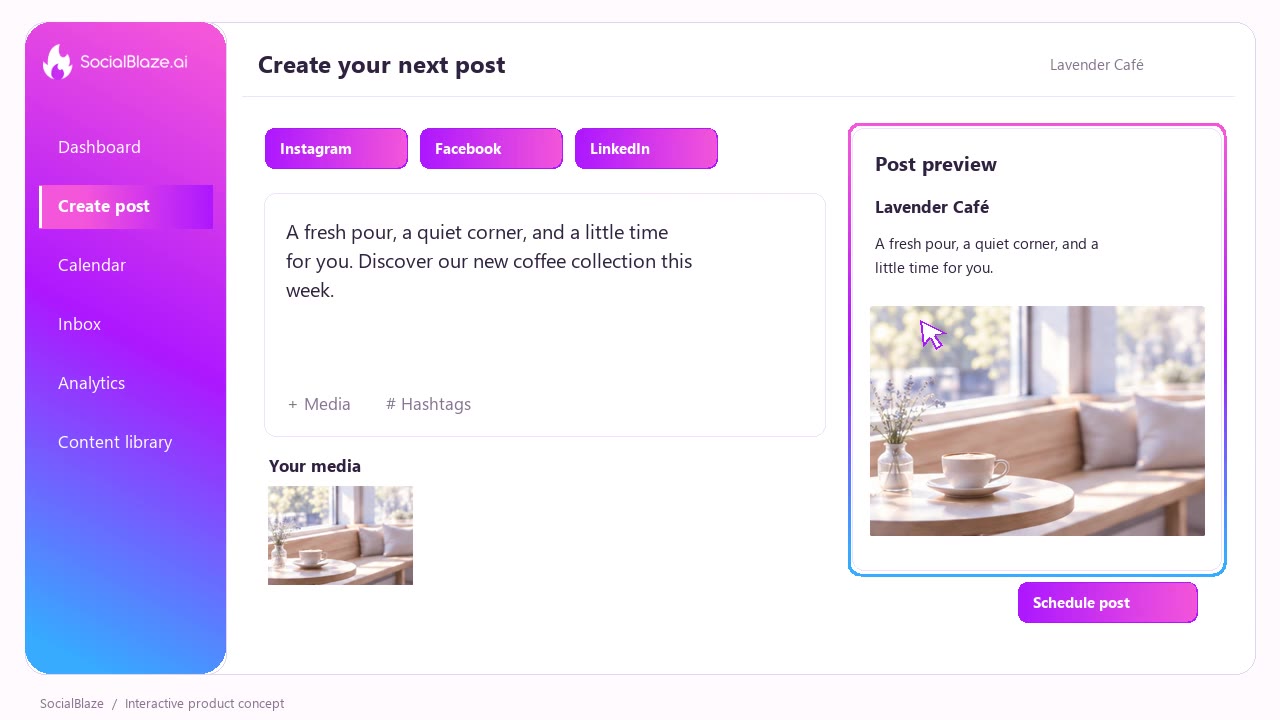 Approved SocialBlaze post creation walkthrough